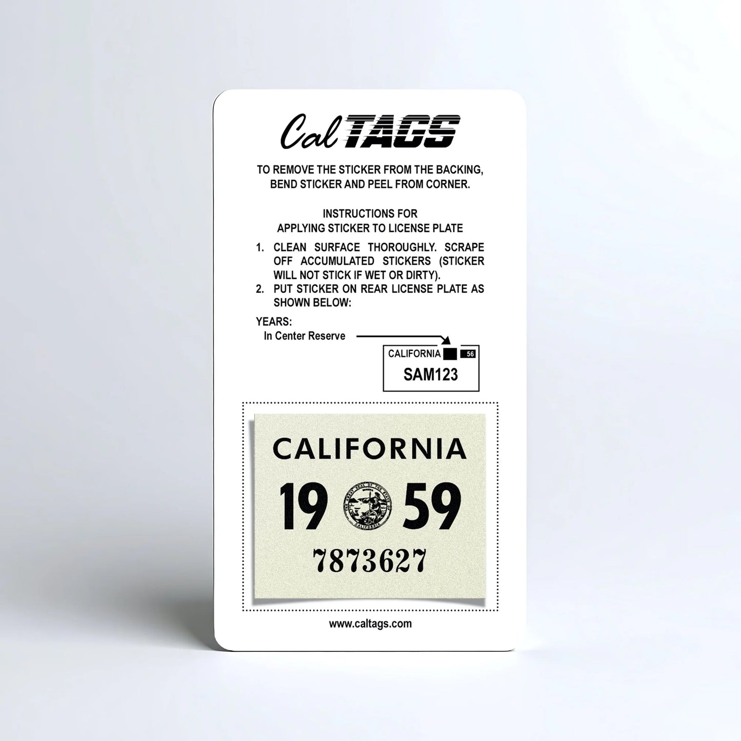 California license plate 1959 year sticker mounted on CalTags display card — YOM Series
