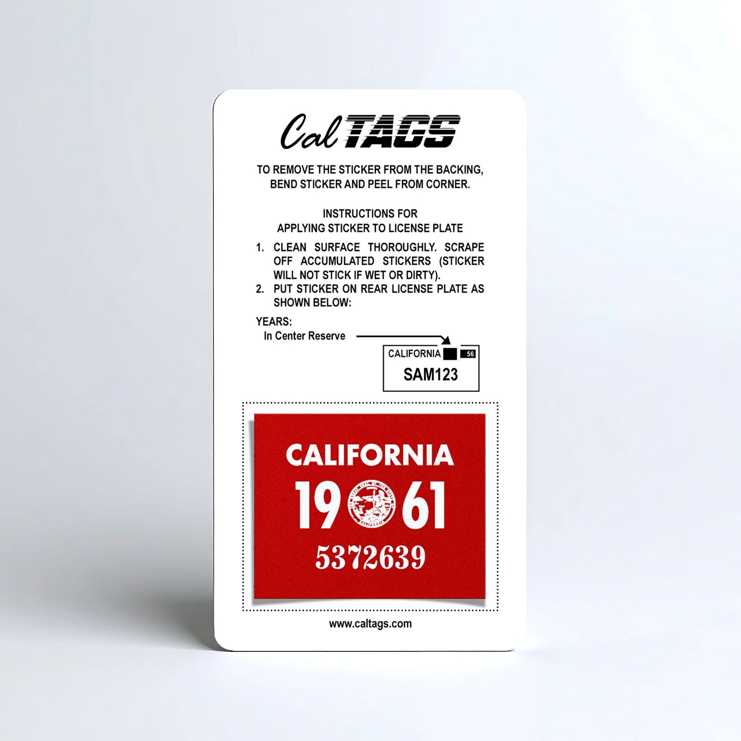 California license plate 1961 year sticker mounted on CalTags display card — YOM Series