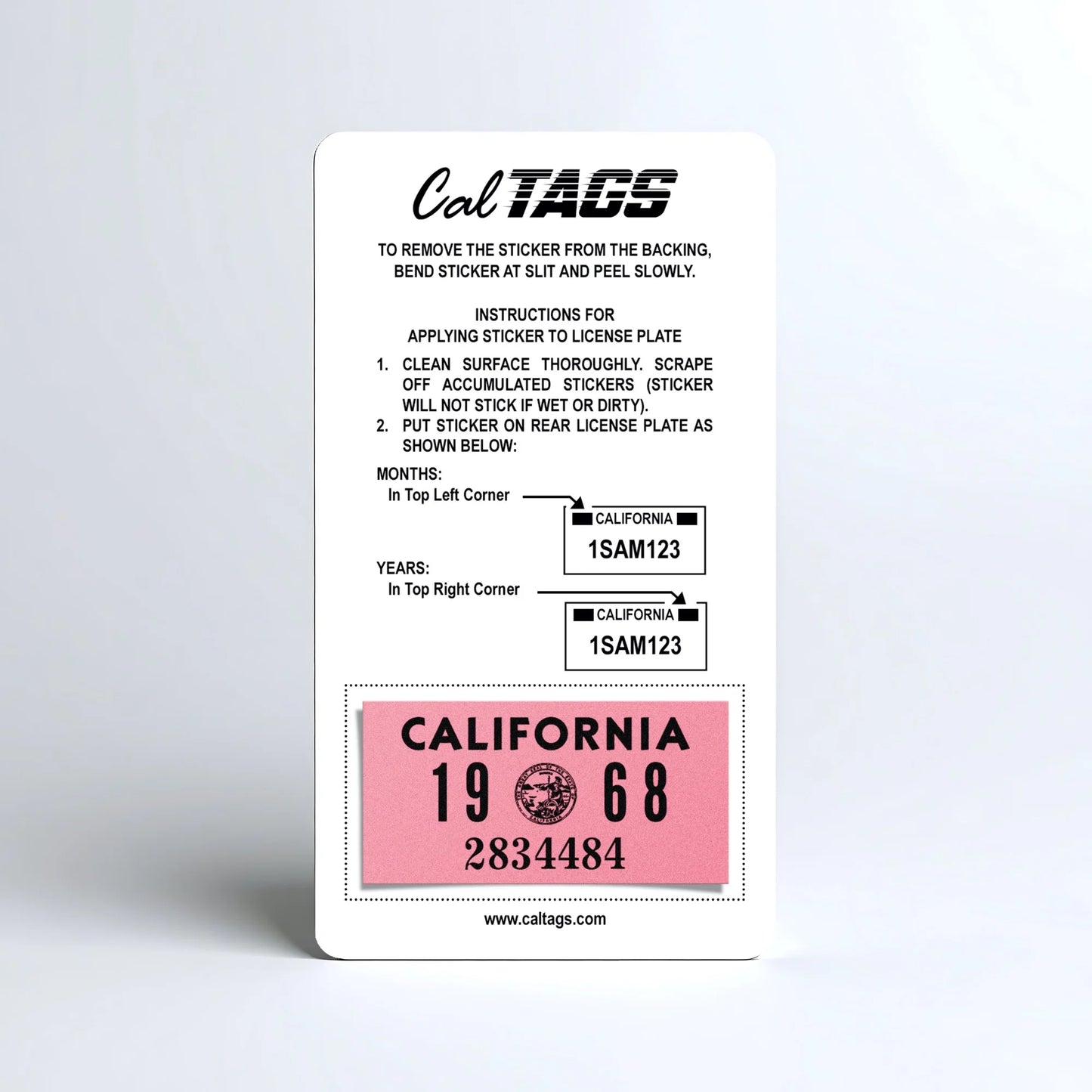 California license plate 1968 year sticker mounted on CalTags display card — YOM Series