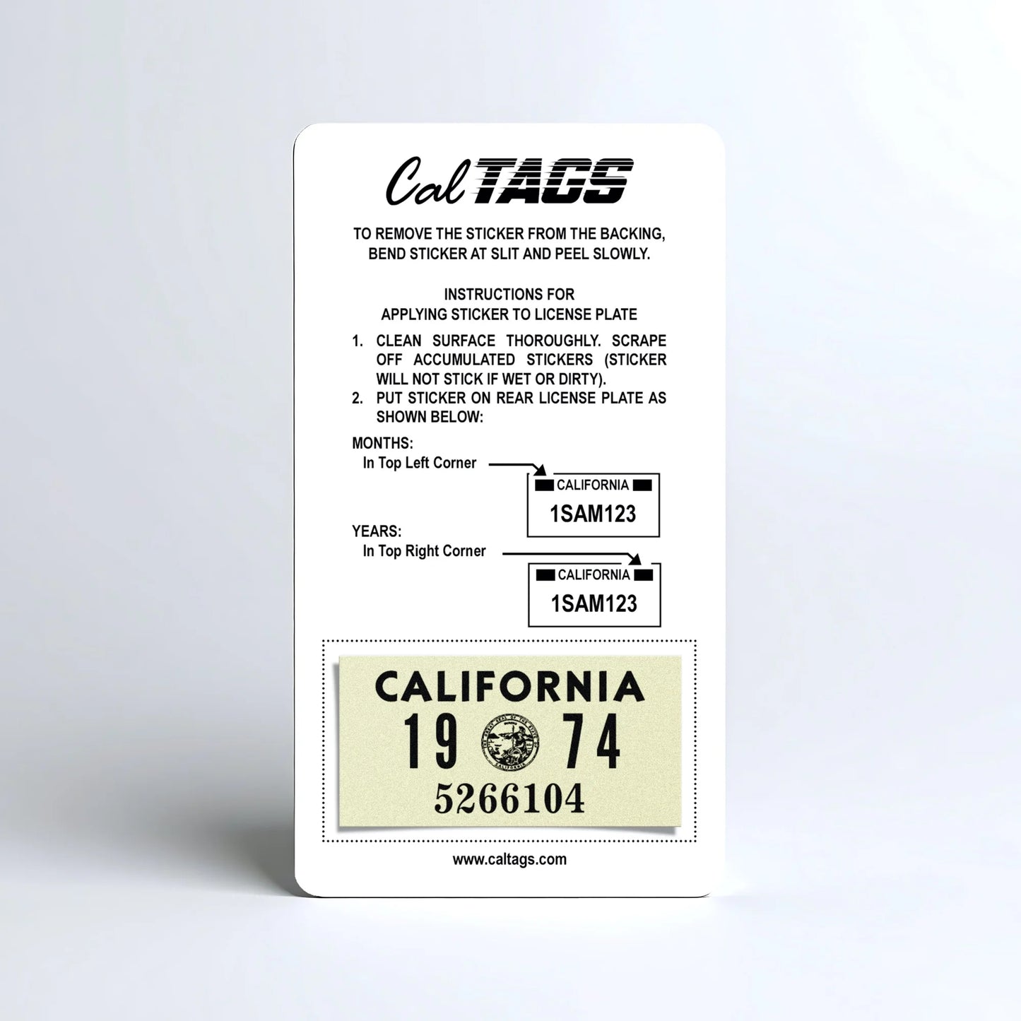 California license plate 1974 year sticker mounted on CalTags display card — YOM Series
