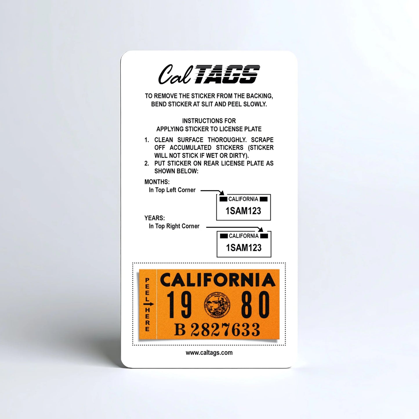 California license plate 1980 year sticker mounted on CalTags display card — YOM Series