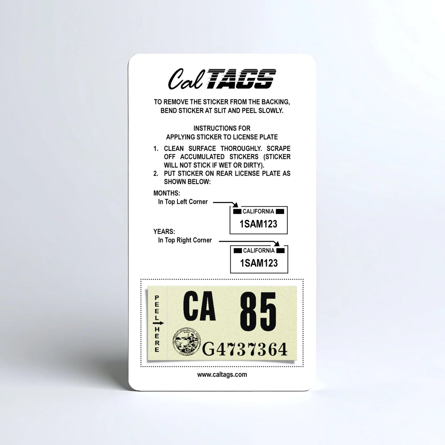 California license plate 1985 year sticker mounted on CalTags display card — Classic Series
