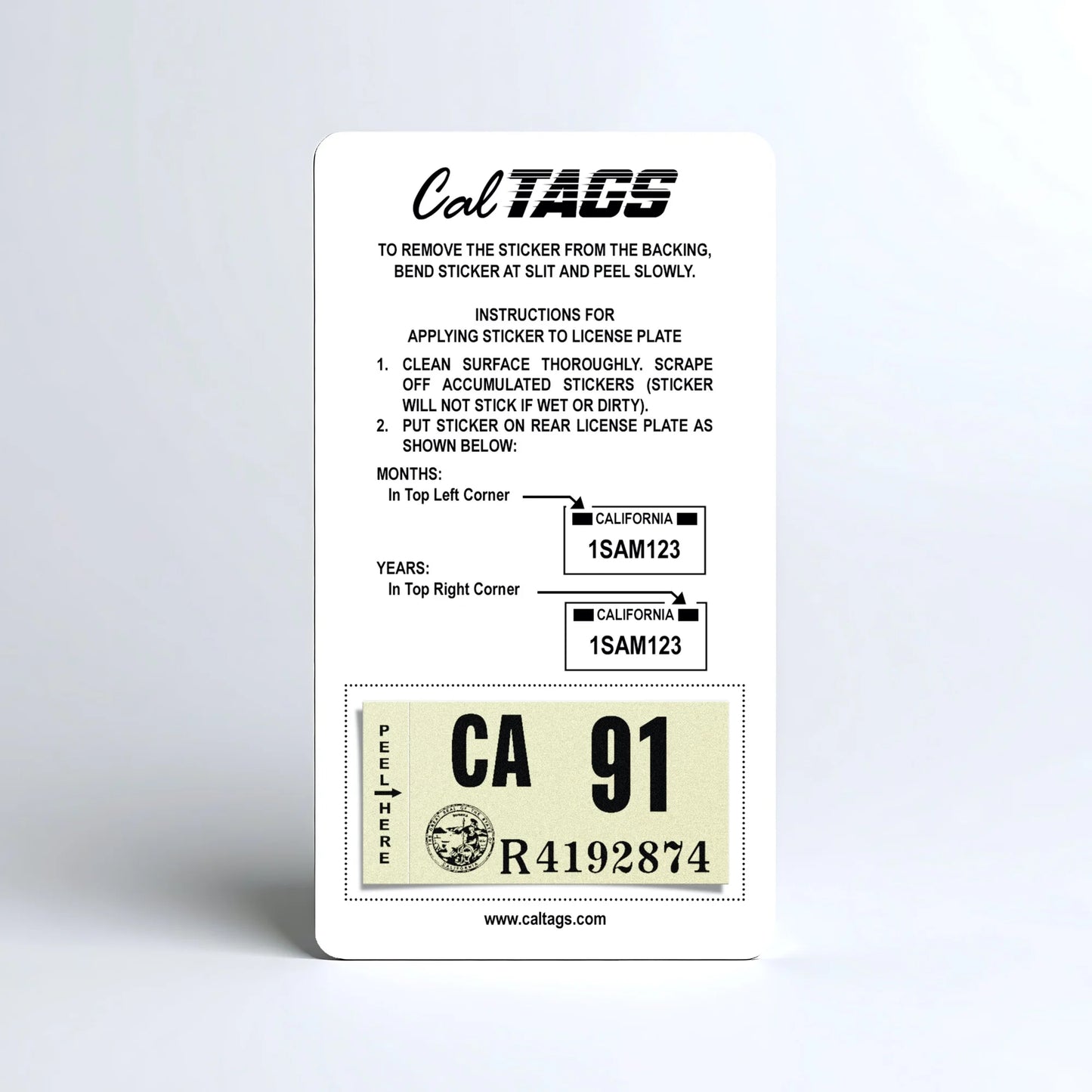 California license plate 1991 year sticker mounted on CalTags display card — Classic Series