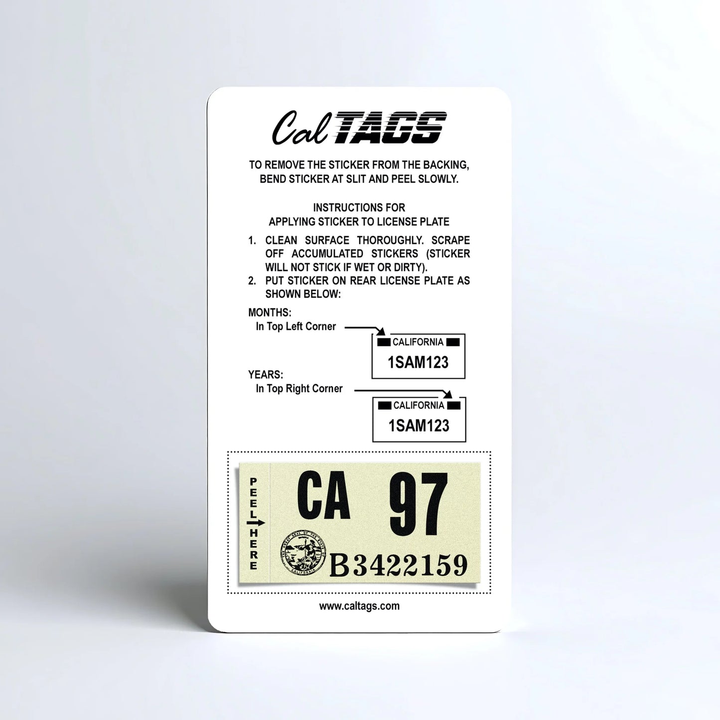 California license plate 1997 year sticker mounted on CalTags display card — Classic Series