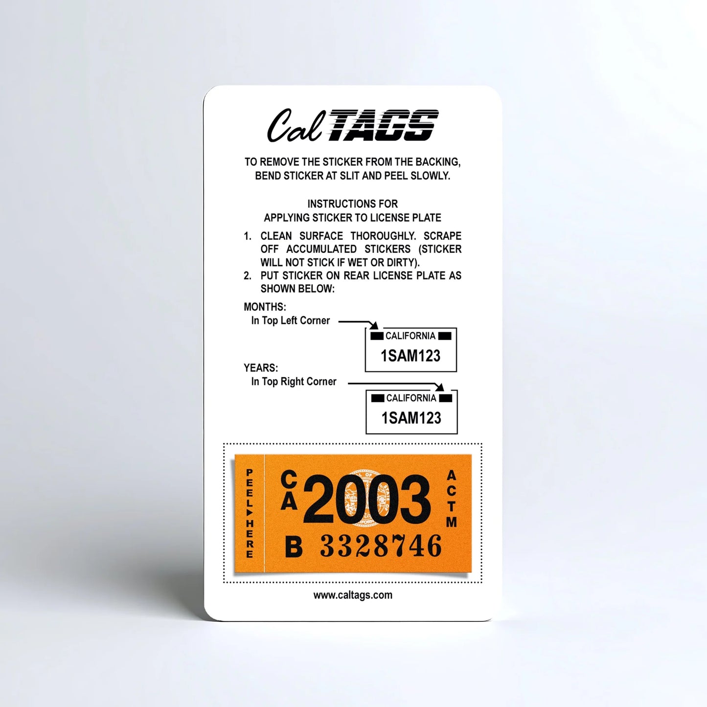 California license plate 2003 year sticker mounted on CalTags display card — Classic Series
