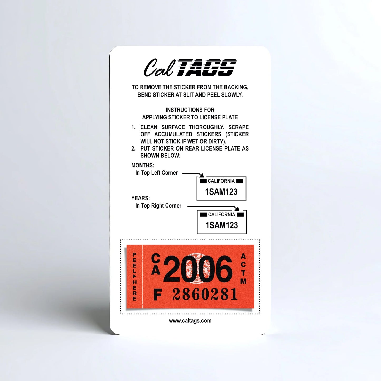 California license plate 2006 year sticker mounted on CalTags display card — Classic Series