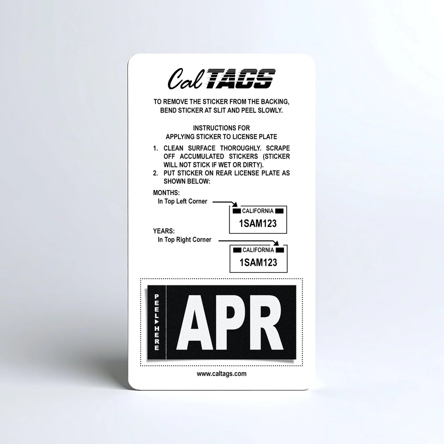 California license plate April month sticker mounted on CalTags display card — Stealth Series
