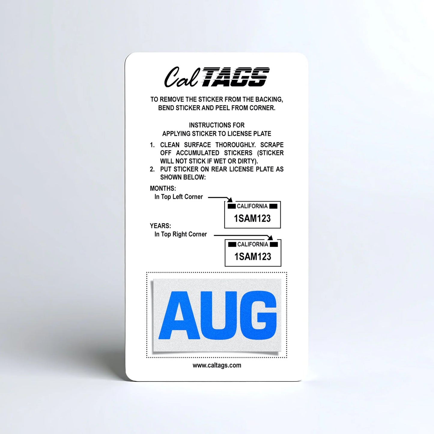 California license plate August month sticker mounted on CalTags display card — Blue Series