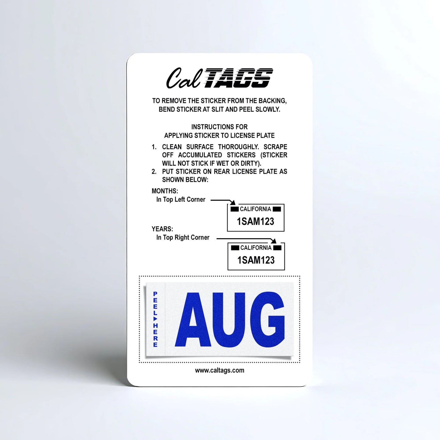 California license plate August month sticker mounted on CalTags display card — Modern Series