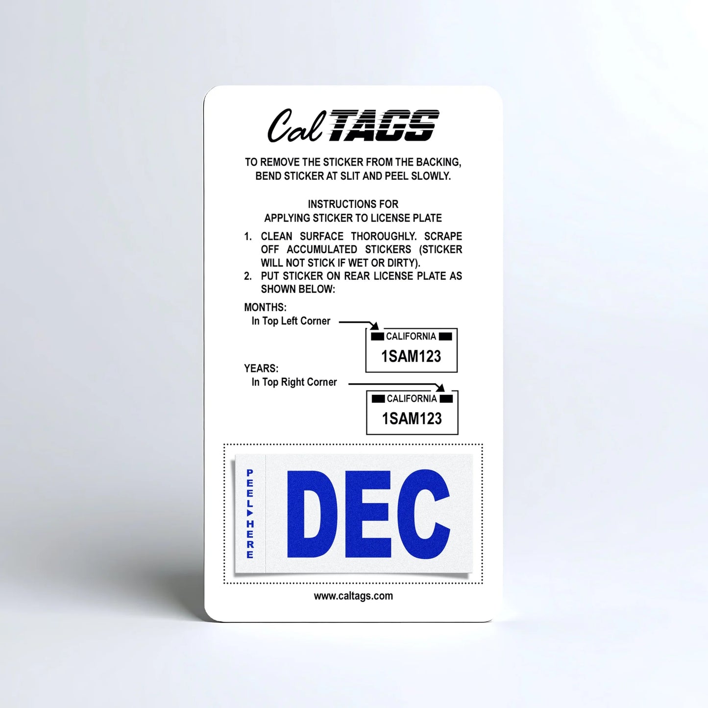 California license plate December month sticker mounted on CalTags display card — Modern Series