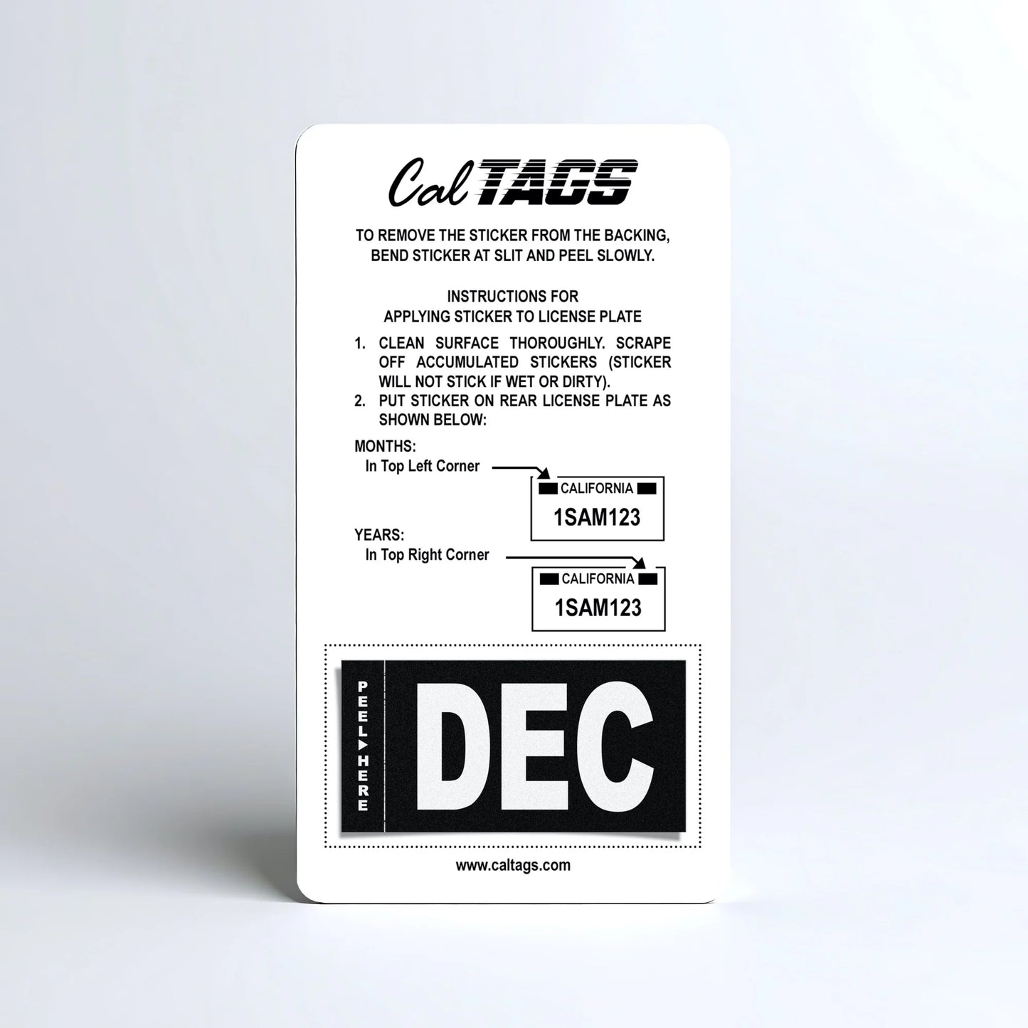 California license plate December month sticker mounted on CalTags display card — Stealth Series