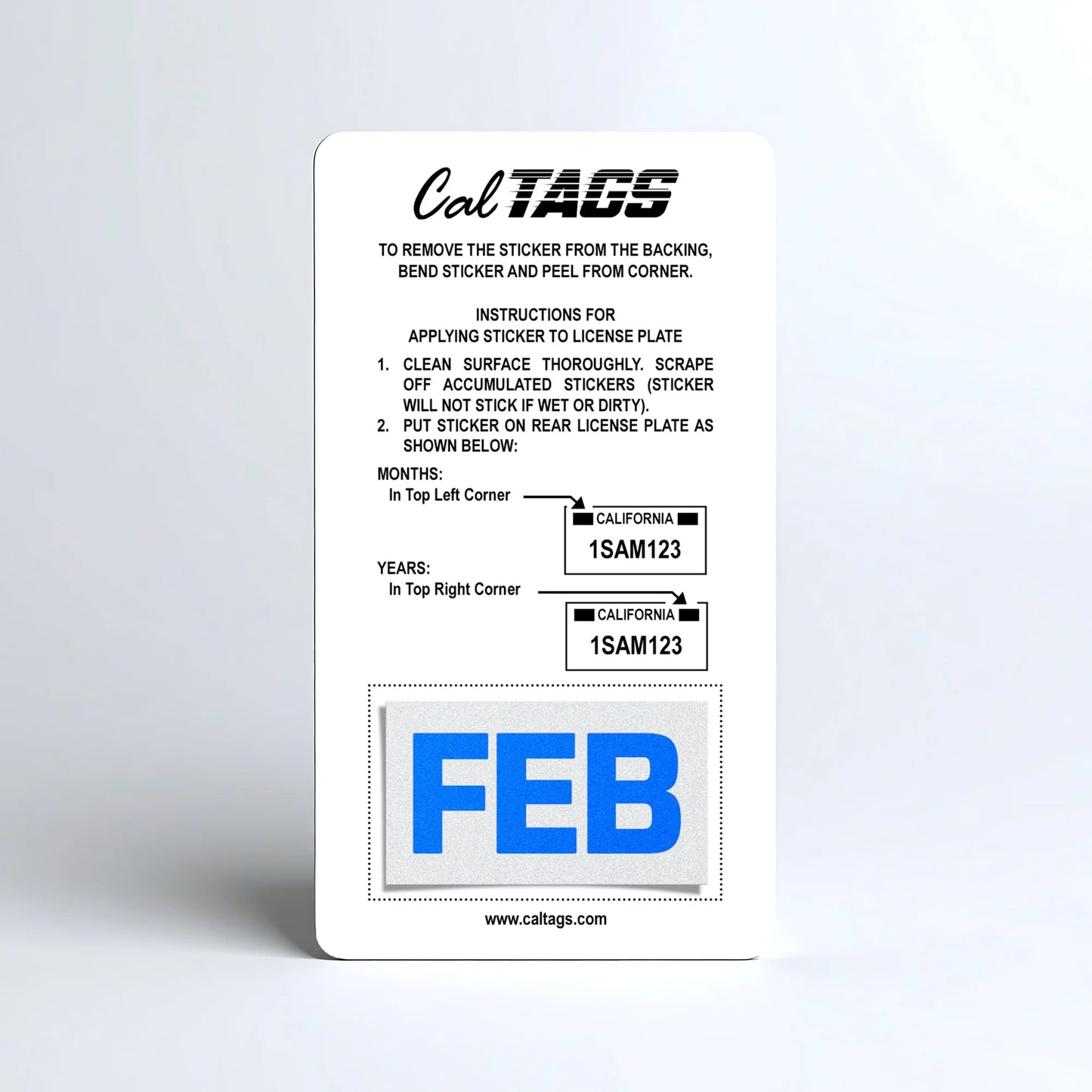 California license plate February month sticker mounted on CalTags display card — Blue Series