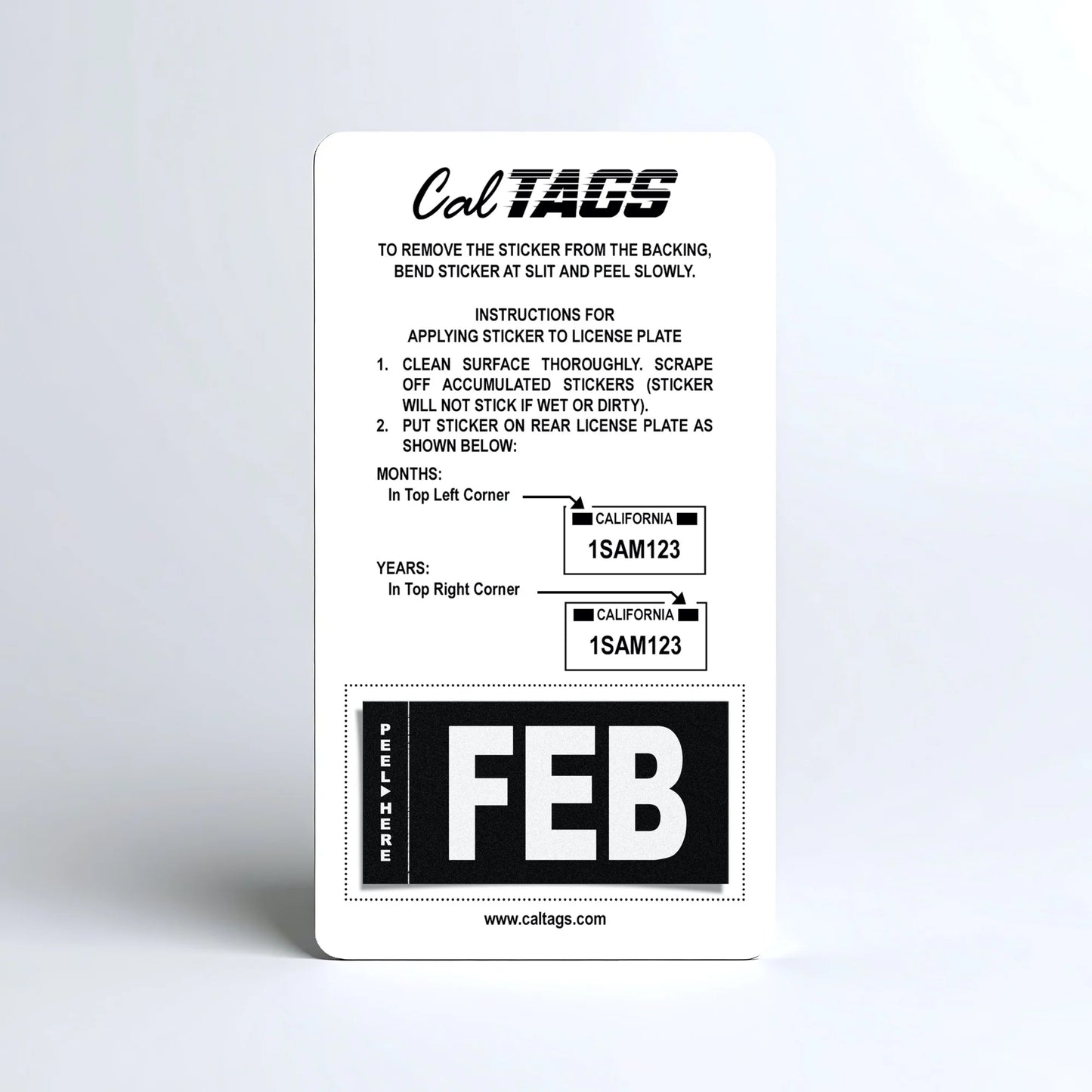 California license plate February month sticker mounted on CalTags display card — Stealth Series