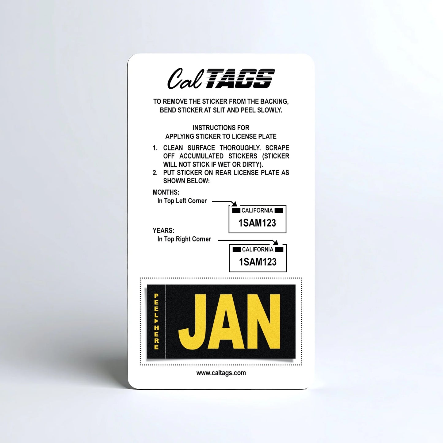 California license plate January month sticker mounted on CalTags display card — Legacy Series