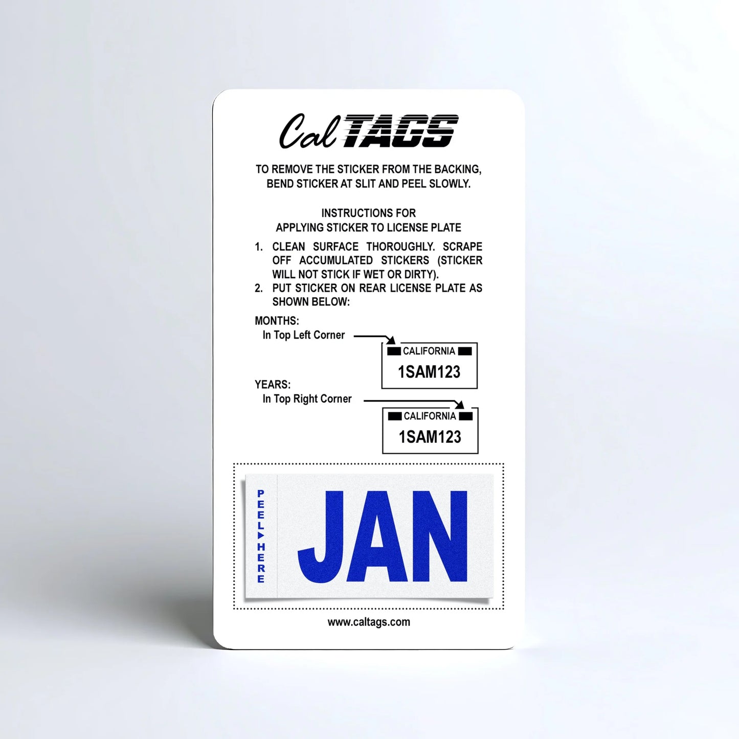 California license plate January month sticker mounted on CalTags display card — Modern Series