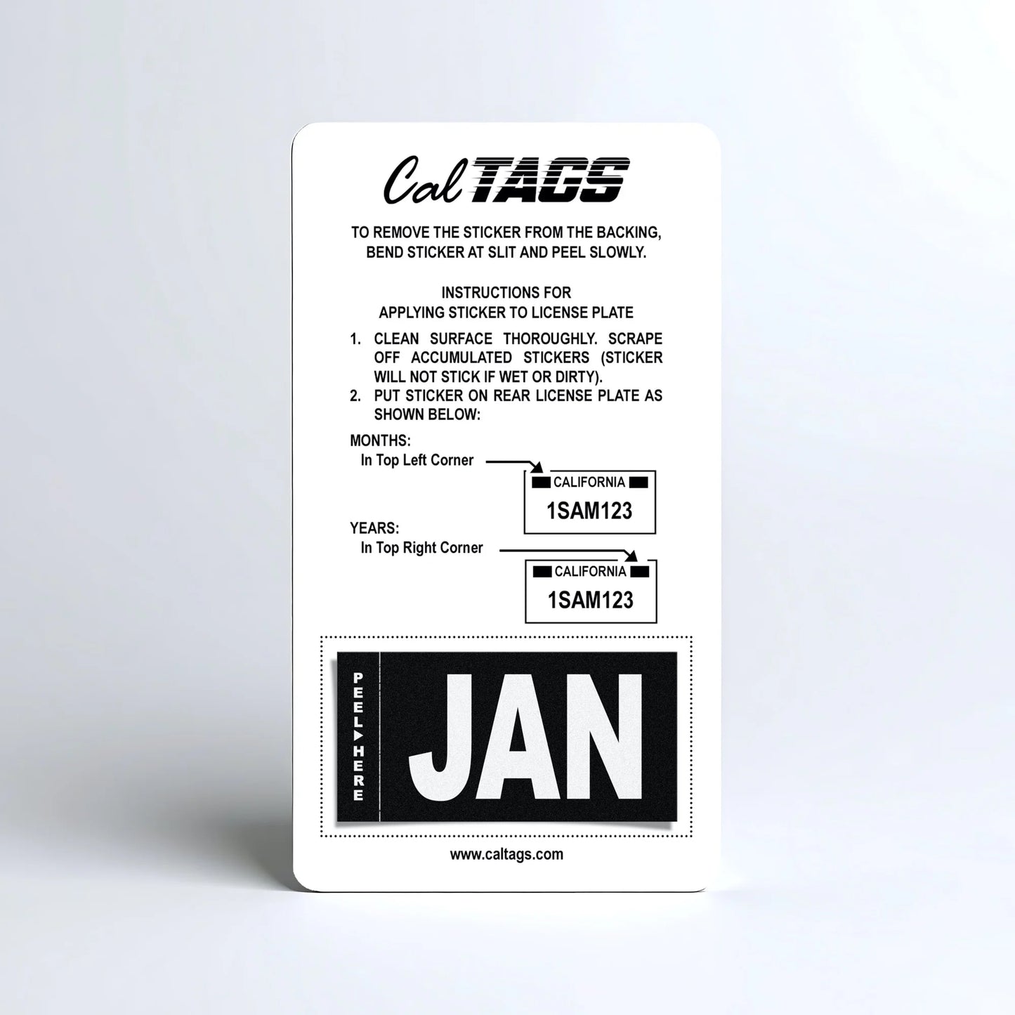 California license plate January month sticker mounted on CalTags display card — Stealth Series
