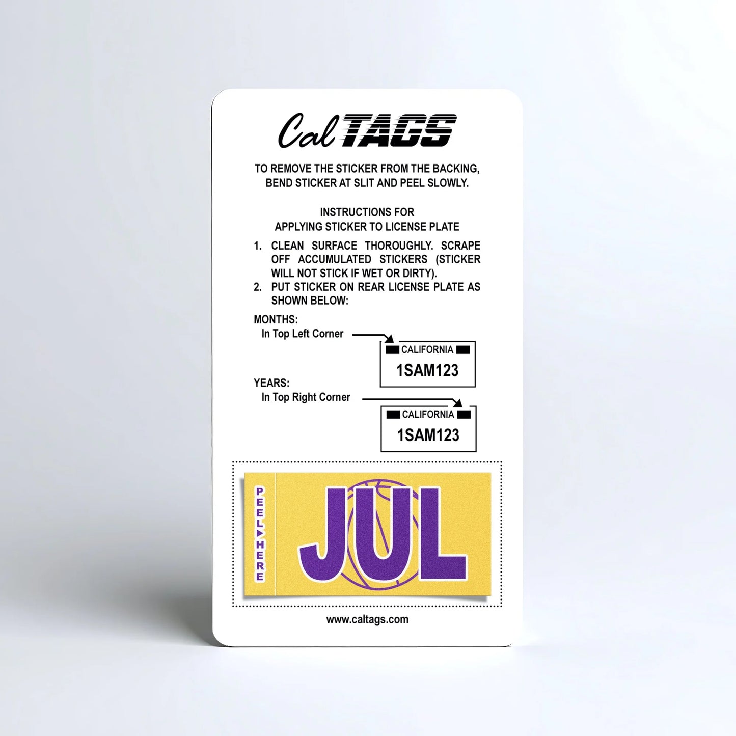 California license plate July month sticker mounted on CalTags display card — Courtside Series