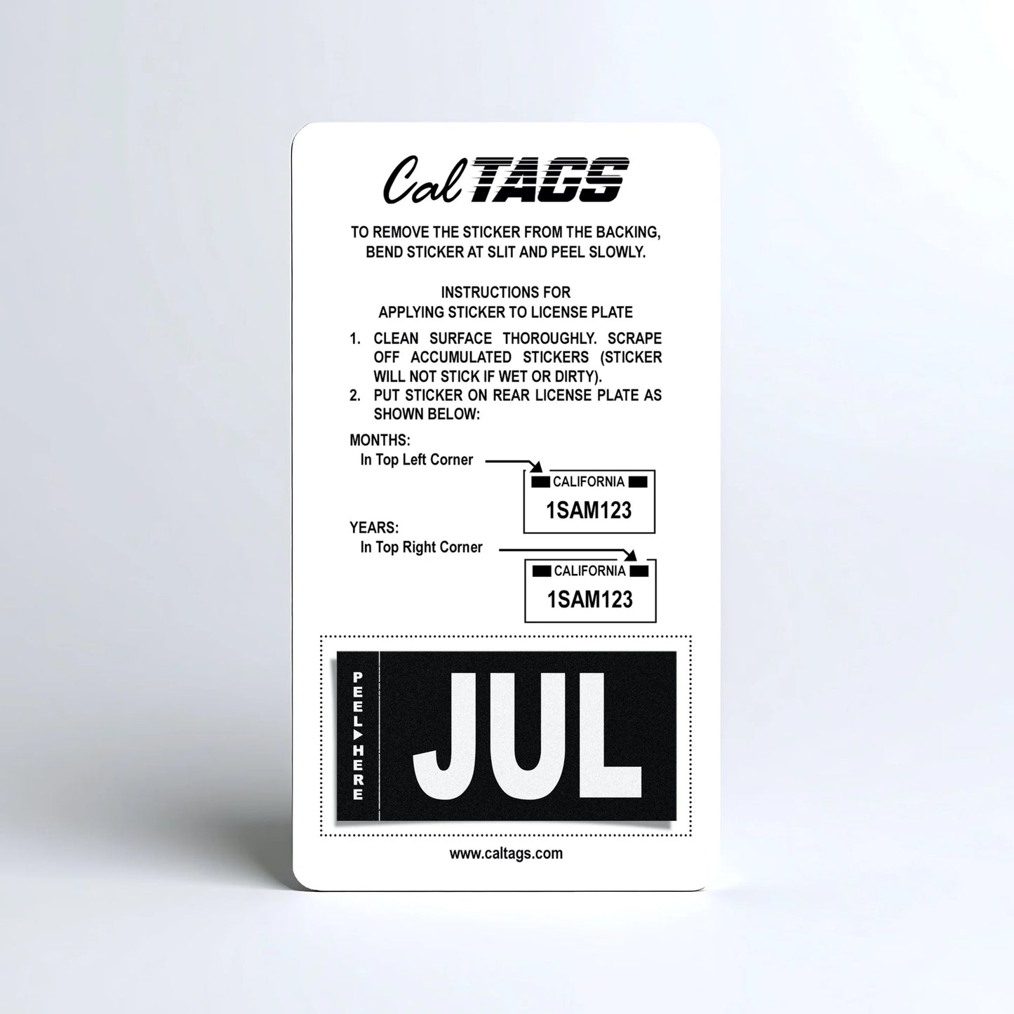 California license plate July month sticker mounted on CalTags display card — Stealth Series