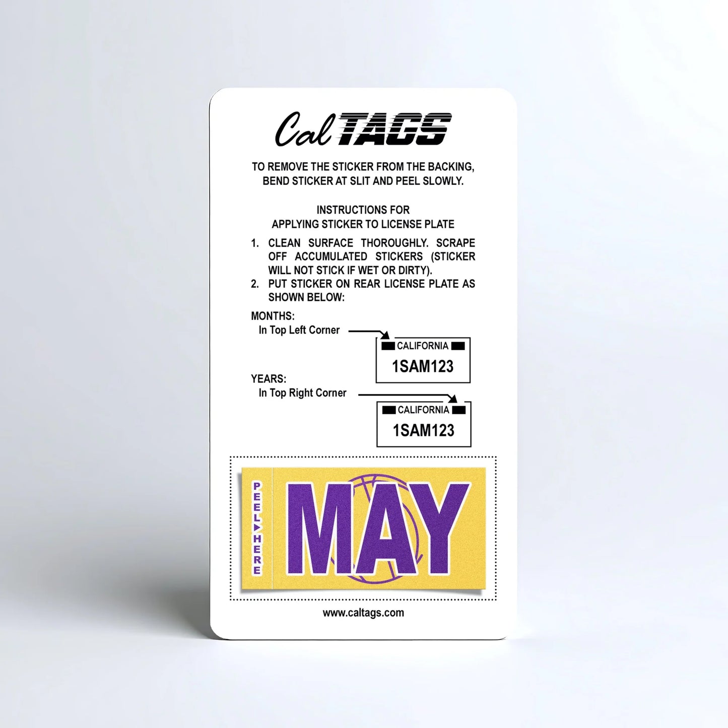 California license plate May month sticker mounted on CalTags display card — Courtside Series