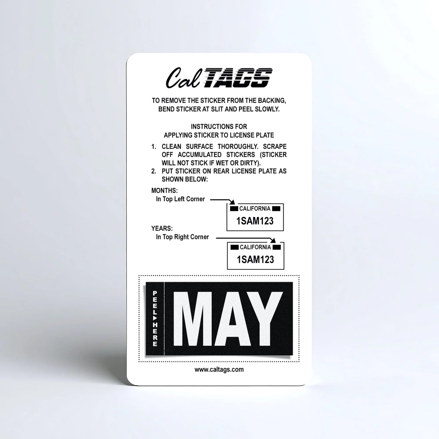 California license plate May month sticker mounted on CalTags display card — Stealth Series