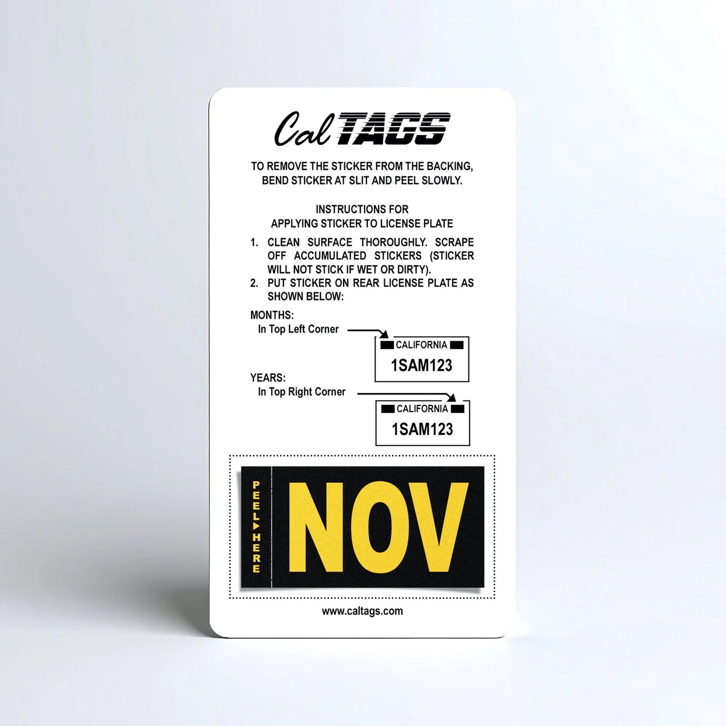 California license plate November month sticker mounted on CalTags display card — Legacy Series