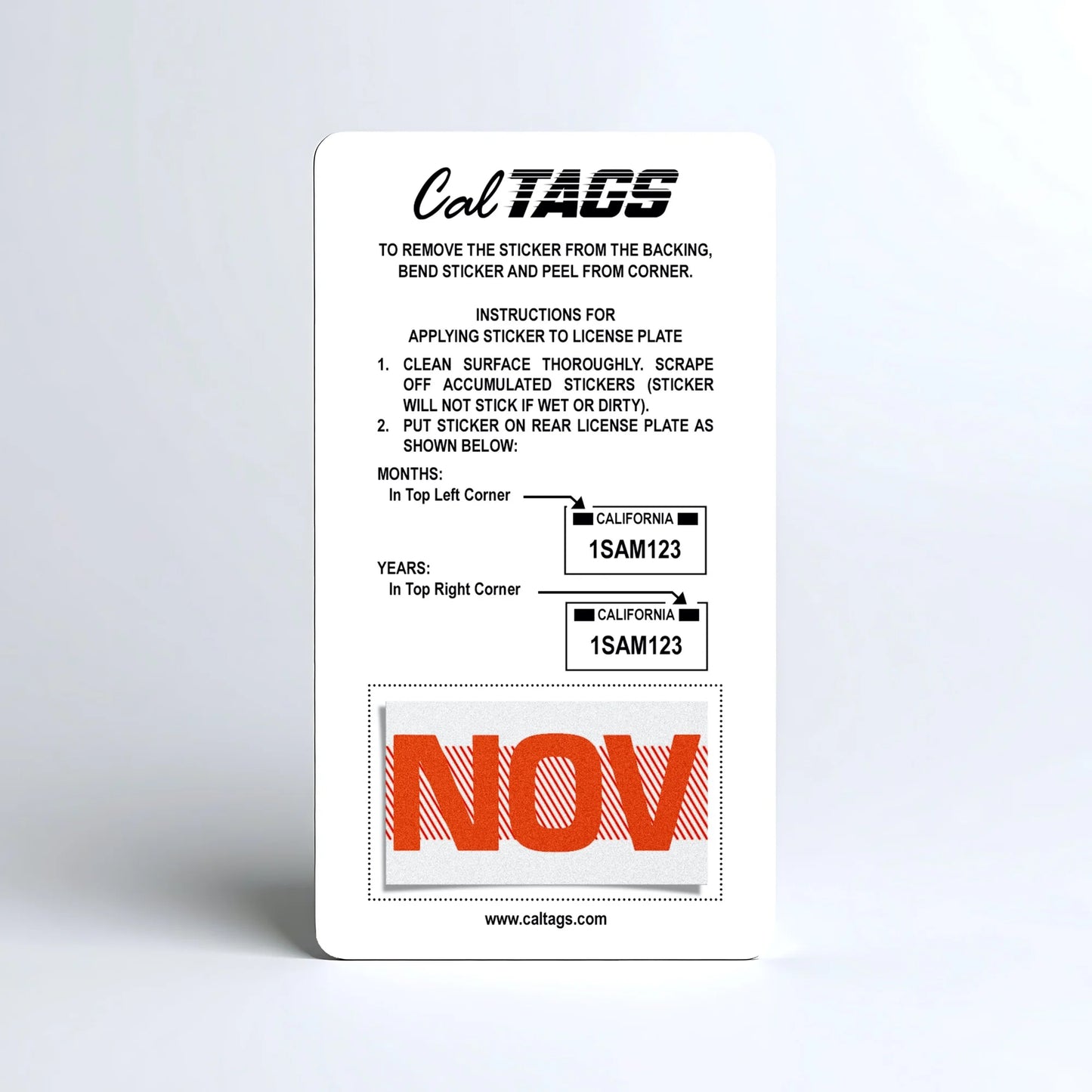 California license plate November month sticker mounted on CalTags display card — Red Series