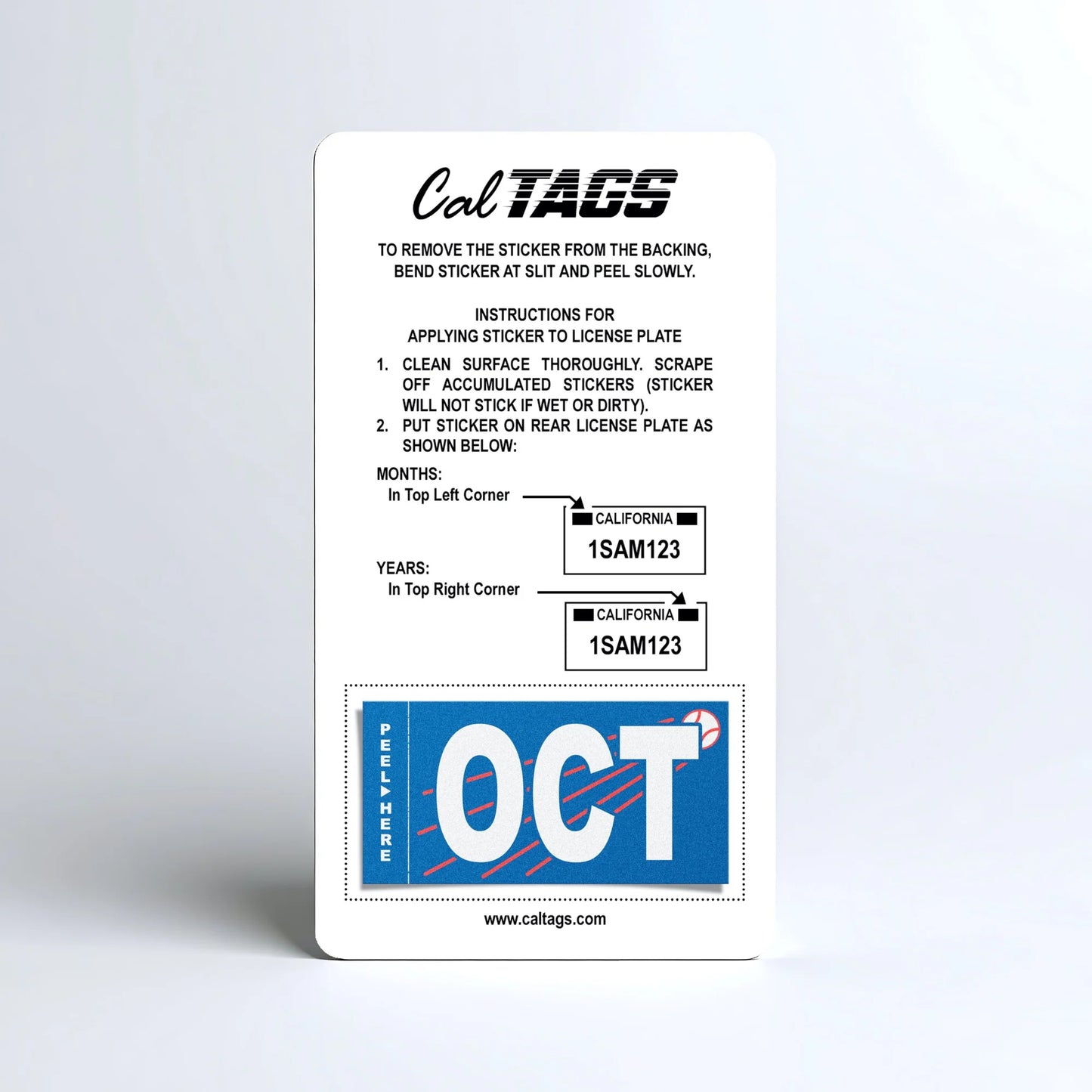 California license plate October month sticker mounted on CalTags display card — Ballpark Series