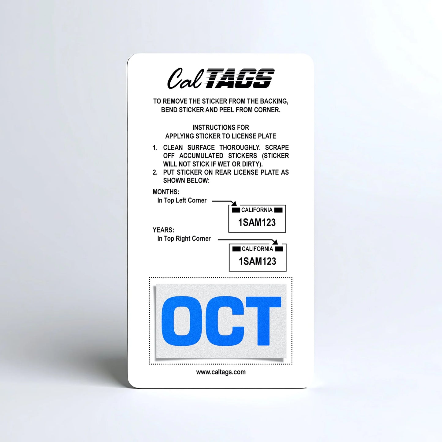 California license plate October month sticker mounted on CalTags display card — Blue Series
