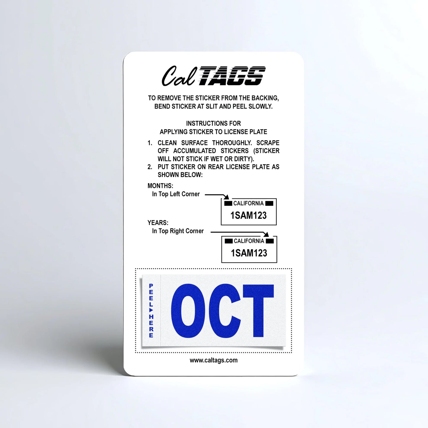 California license plate October month sticker mounted on CalTags display card — Modern Series