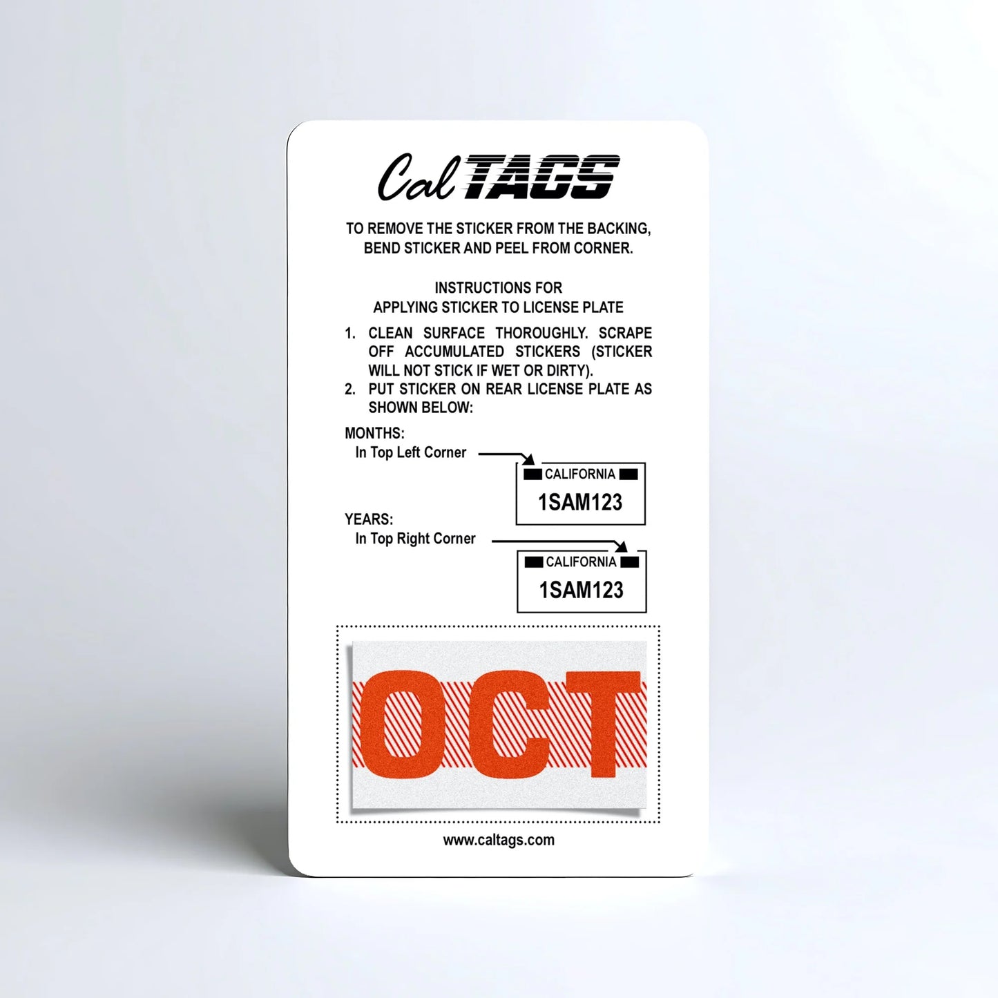 California license plate October month sticker mounted on CalTags display card — Red Series