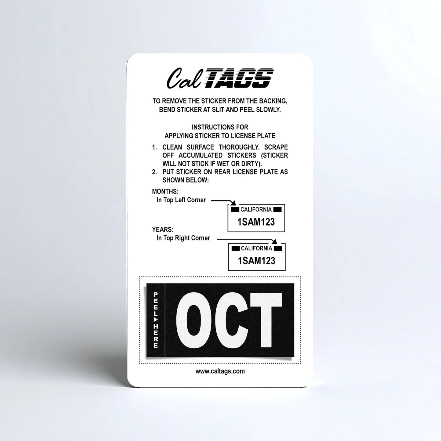 California license plate October month sticker mounted on CalTags display card — Stealth Series