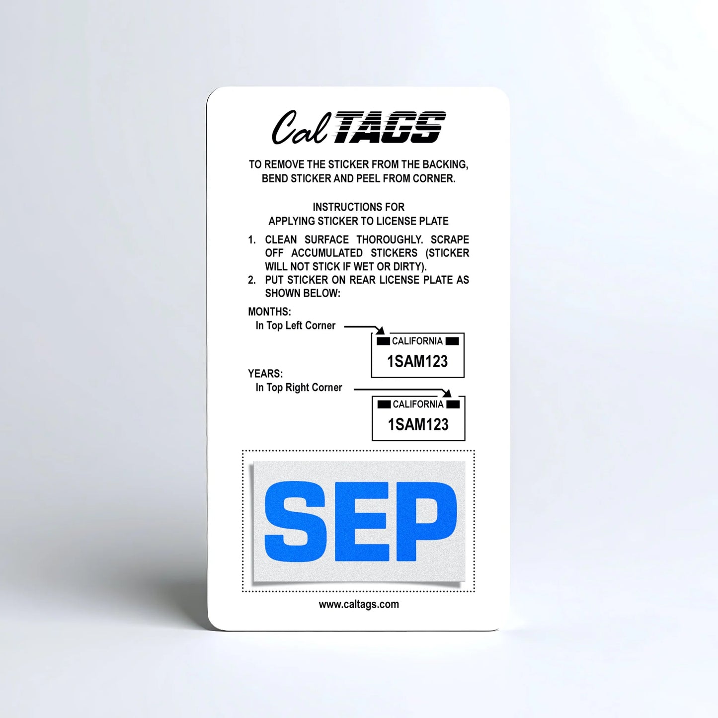 California license plate September month sticker mounted on CalTags display card — Blue Series
