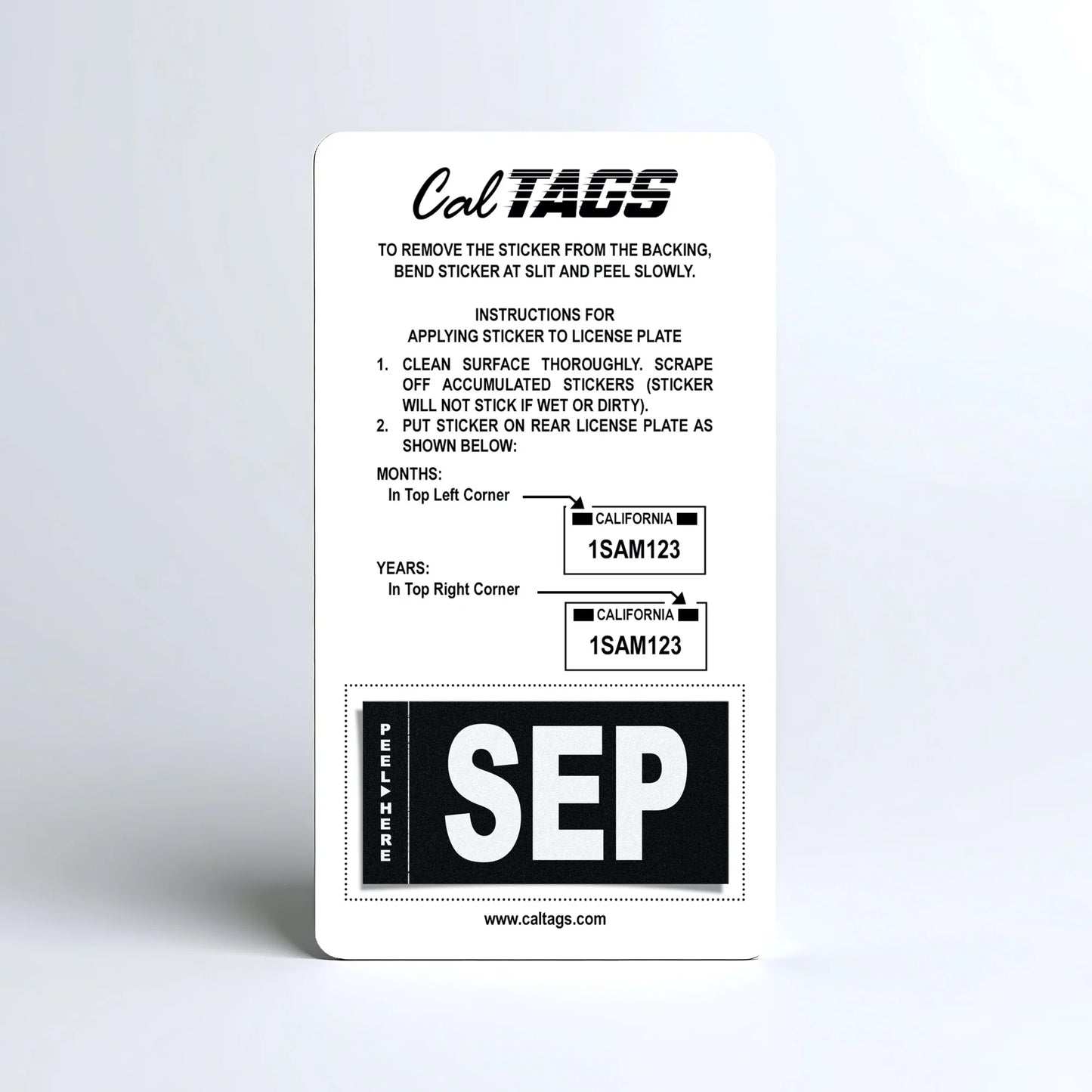 California license plate September month sticker mounted on CalTags display card — Stealth Series