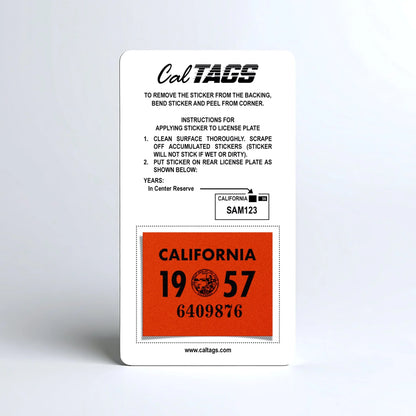 California license plate 1957 year sticker mounted on CalTags display card — YOM Series