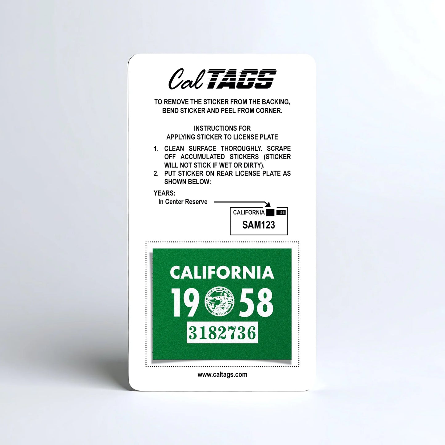 California license plate 1958 year sticker mounted on CalTags display card — YOM Series