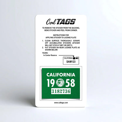 California license plate 1958 year sticker mounted on CalTags display card — YOM Series