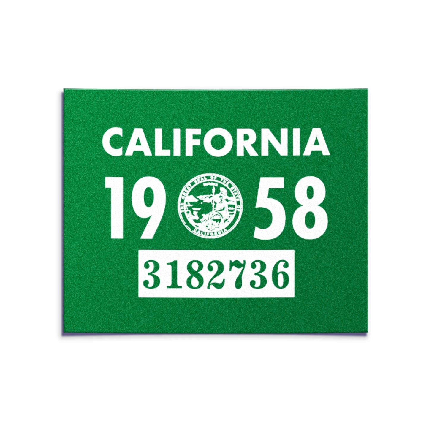 California license plate 1958 year sticker — YOM Series — reproduction shown on white background