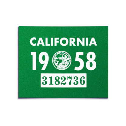 California license plate 1958 year sticker — YOM Series — reproduction shown on white background