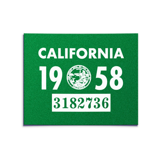 California license plate 1958 year sticker — YOM Series — reproduction shown on white background