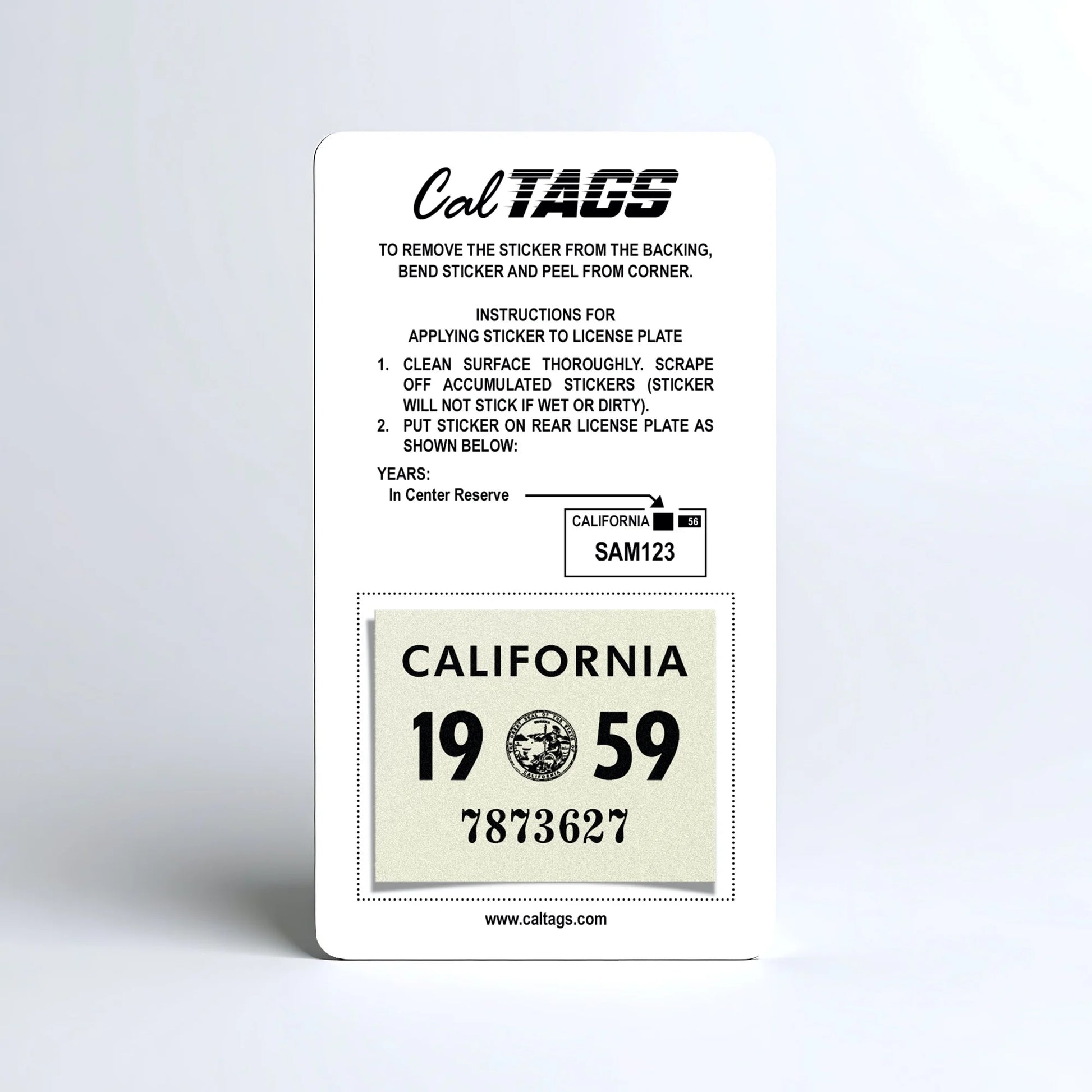 California license plate 1959 year sticker mounted on CalTags display card — YOM Series