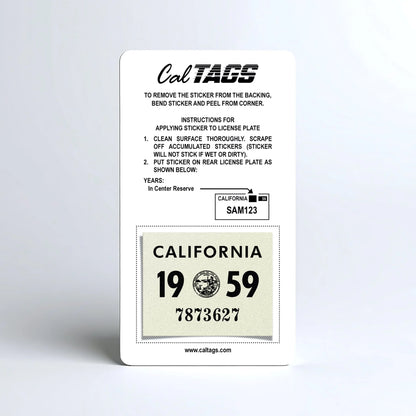 California license plate 1959 year sticker mounted on CalTags display card — YOM Series