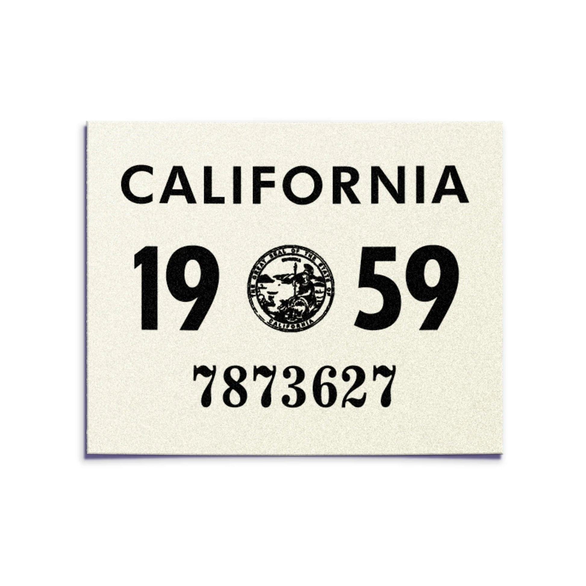 California license plate 1959 year sticker — YOM Series — reproduction shown on white background