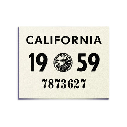 California license plate 1959 year sticker — YOM Series — reproduction shown on white background