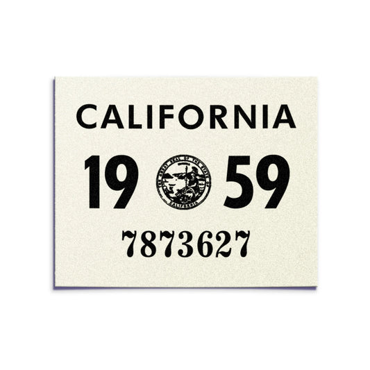 California license plate 1959 year sticker — YOM Series — reproduction shown on white background