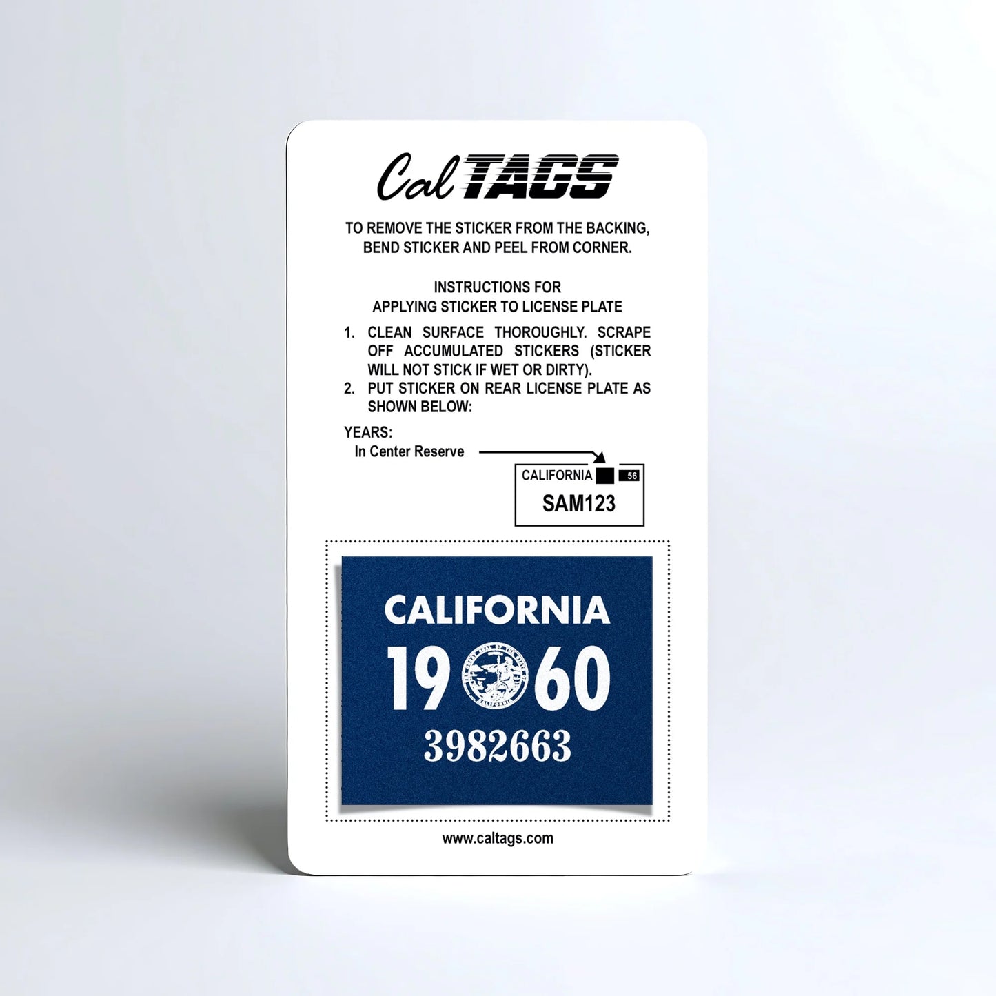 California license plate 1960 year sticker mounted on CalTags display card — YOM Series