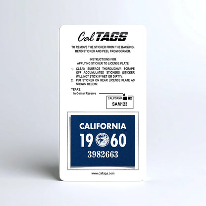 California license plate 1960 year sticker mounted on CalTags display card — YOM Series
