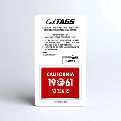 California license plate 1961 year sticker mounted on CalTags display card — YOM Series