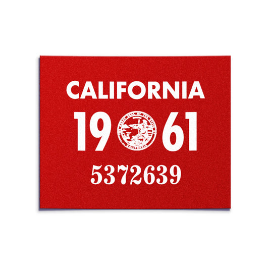 California license plate 1961 year sticker — YOM Series — reproduction shown on white background