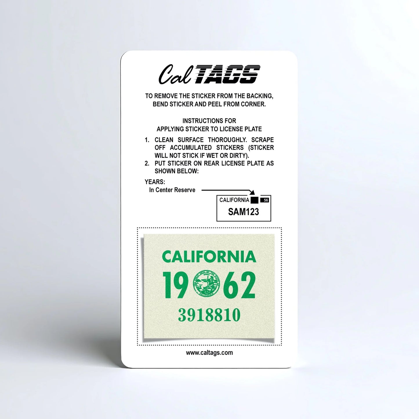 California license plate 1962 year sticker mounted on CalTags display card — YOM Series