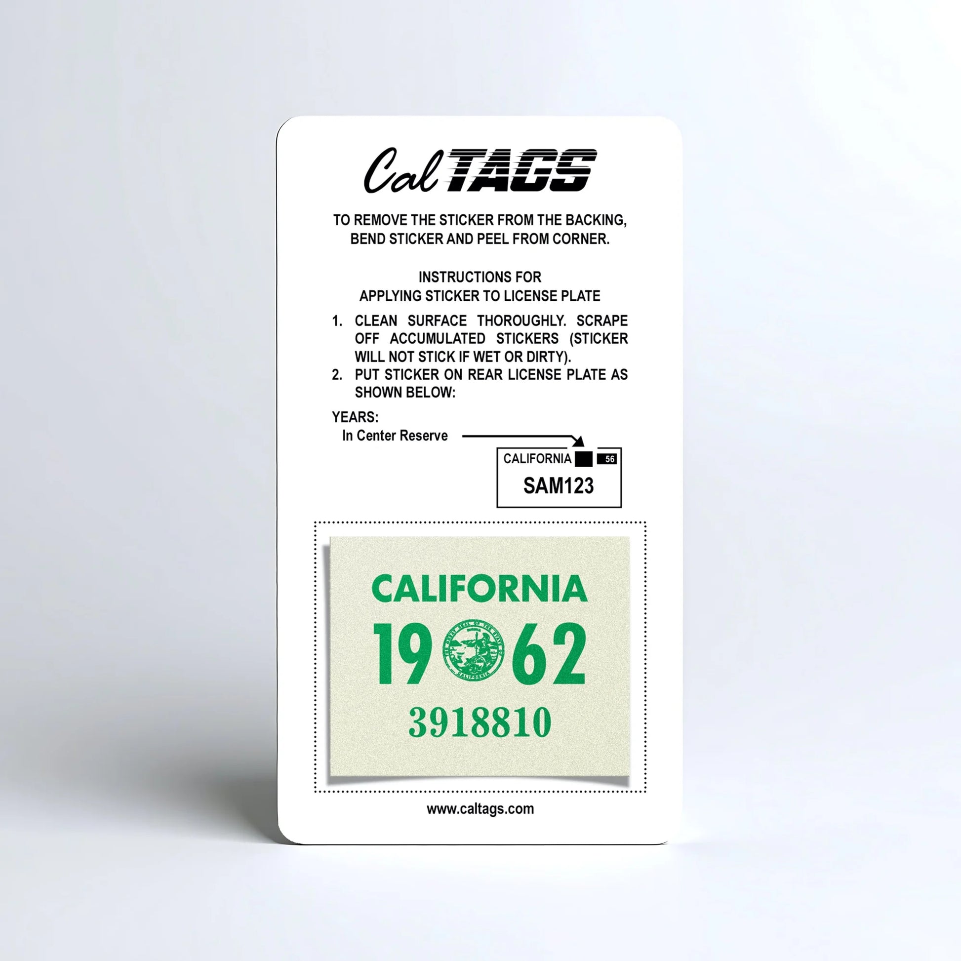 California license plate 1962 year sticker mounted on CalTags display card — YOM Series